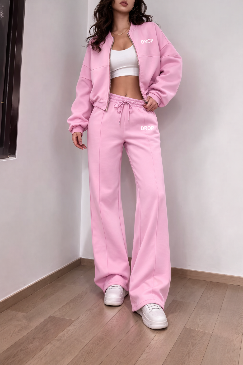 DROP Zip-Up Top and Long Pants Set For Active Wear