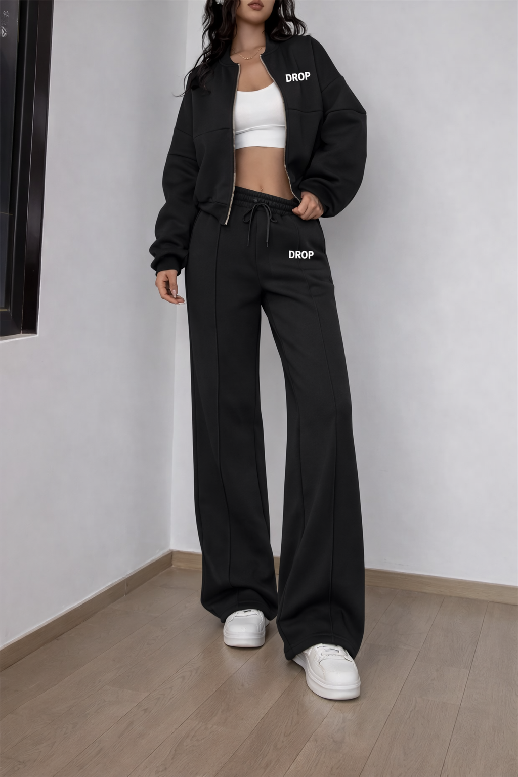 DROP Zip-Up Top and Long Pants Set For Active Wear