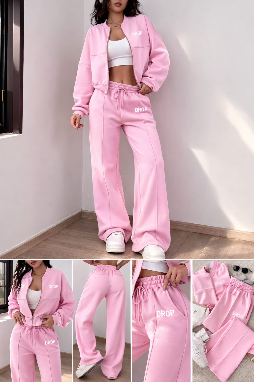 DROP Zip-Up Top and Long Pants Set For Active Wear