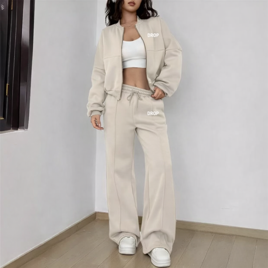 DROP Zip-Up Top and Long Pants Set For Active Wear